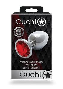 Ouch! Round Gem Butt Plug - Medium- Silver / Ruby Red