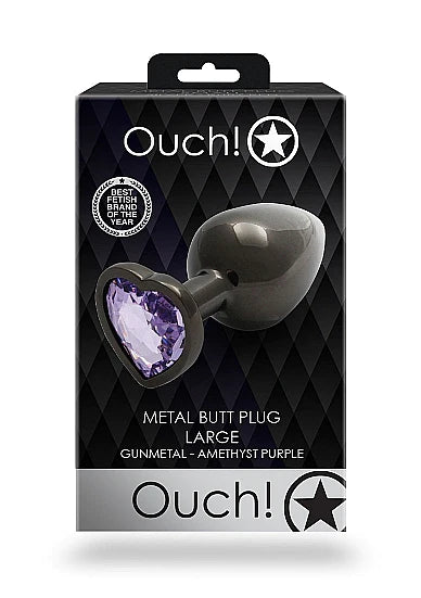 Ouch! Heart Gem Butt Plug - Large - Gun Metal / Amethyst Purple