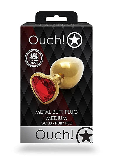 Ouch! Heart Gem Butt Plug - Medium - Gold / Ruby Red