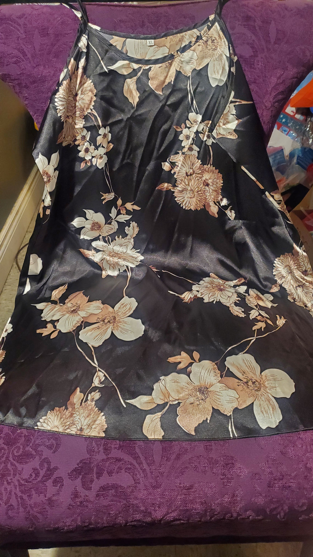 Black Satin Floral Babydoll in XL