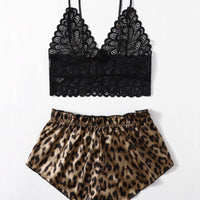 Leopard Satin Floral Lace Lingerie Set in Large