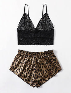 Leopard Satin Floral Lace Lingerie Set in Large