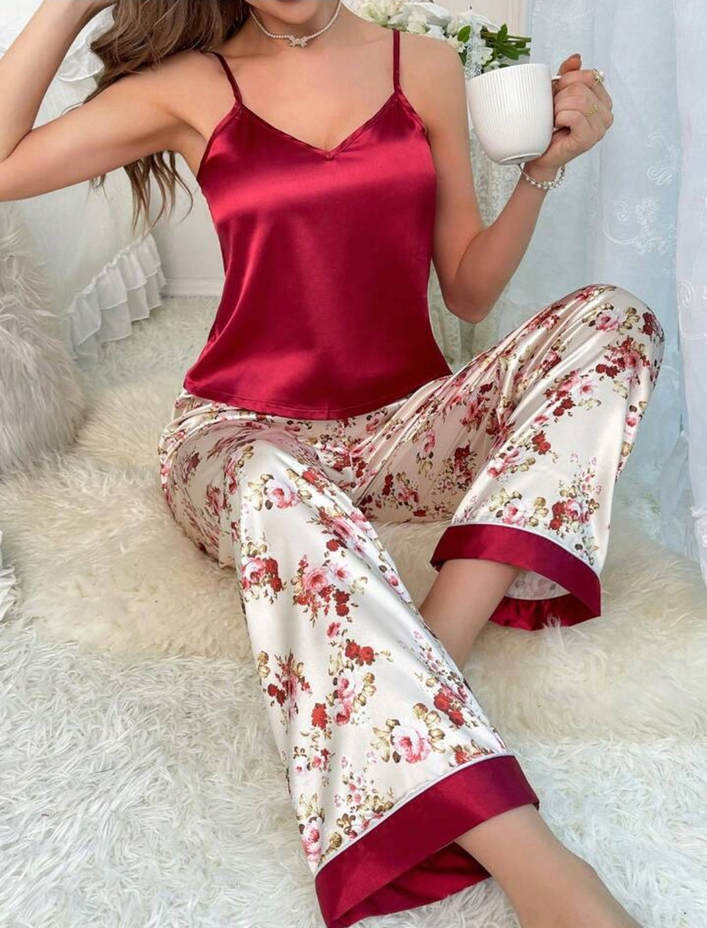 Floral Print Satin Cami Top & Pants PJ Set in Large