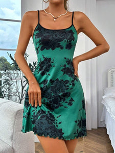 Green Floral Print Lettuce Trim Cami Nightdress in Large