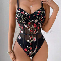 Floral Embroidery Mesh Cami Bodysuit in Large