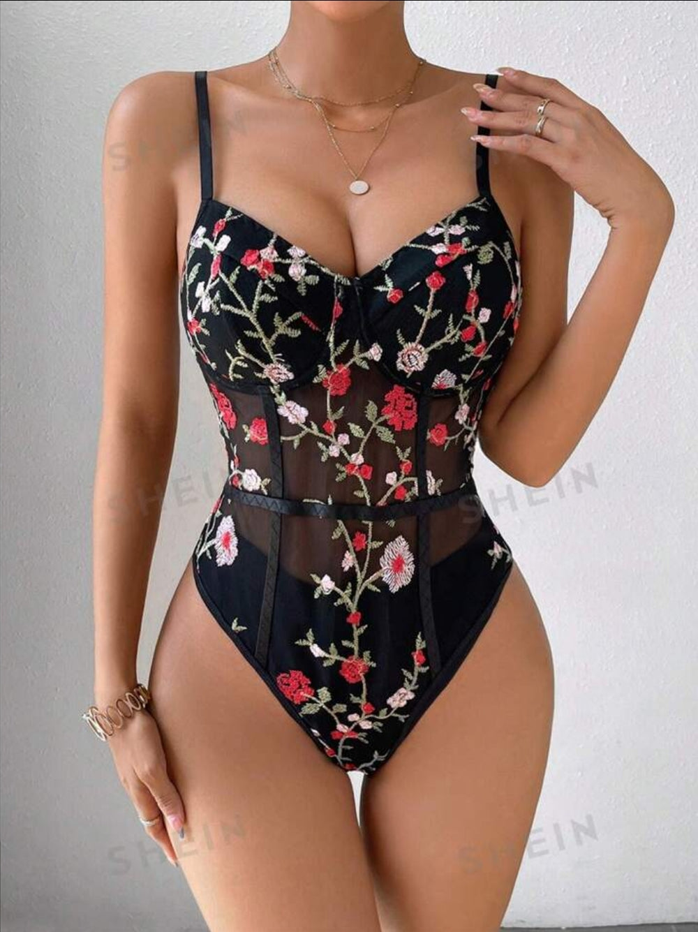 Floral Embroidery Mesh Cami Bodysuit in Small