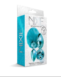 NIXIE Metal Butt Plug Set, Pom Pom and Jewel Inlaid in Blue Metallic