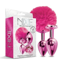 NIXIE Metal Butt Plug Set, Pom Pom and Jewel Inlaid, Pink Metallic