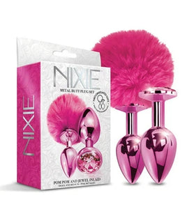 NIXIE Metal Butt Plug Set, Pom Pom and Jewel Inlaid, Pink Metallic