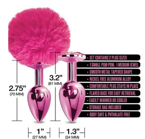 NIXIE Metal Butt Plug Set, Pom Pom and Jewel Inlaid, Pink Metallic