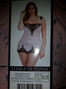 Chemise With Eyelash Lace Neckline in Pink/Black 1X/2X