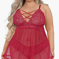 Burgundy Women's Plus Size Lingerie Sets, Sexy Open Back Babydoll Strappy Lace Chemise size 4XL