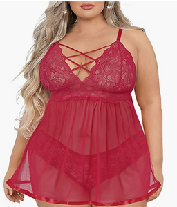 Burgundy Women's Plus Size Lingerie Sets, Sexy Open Back Babydoll Strappy Lace Chemise size 4XL