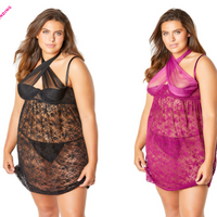 PLUS SIZE ABELINA LACE EMPIRE WAIST BABYDOLL SET Plum or Black 1x/2xL