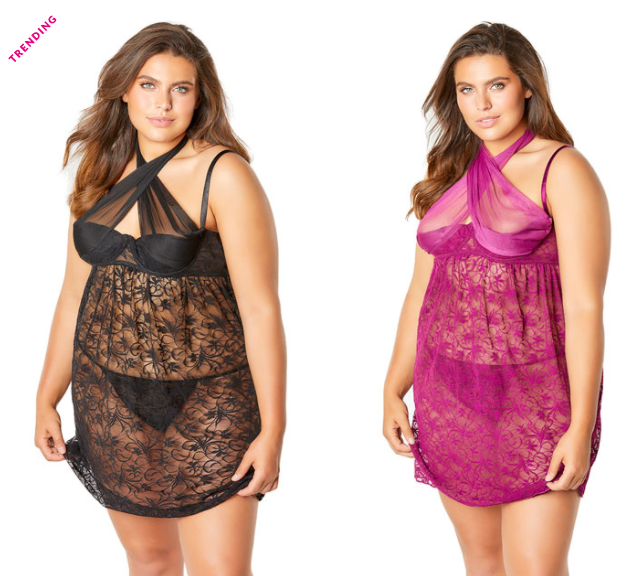 PLUS SIZE ABELINA LACE EMPIRE WAIST BABYDOLL SET Plum or Black 1x/2xL