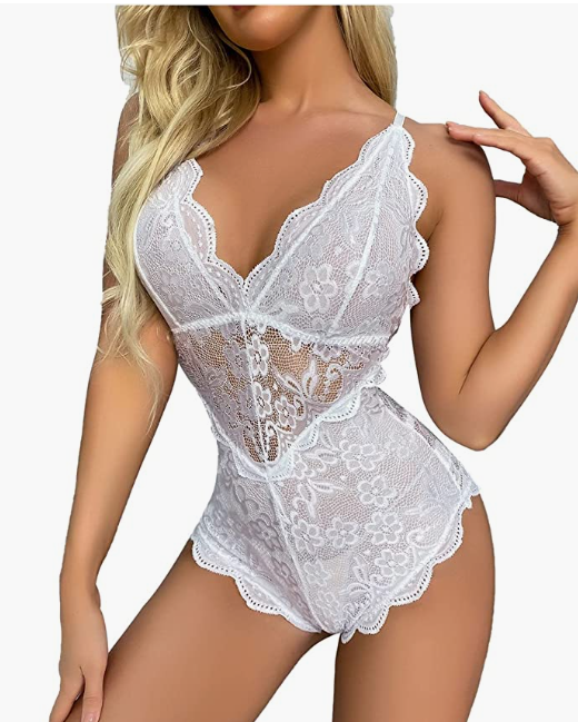 WHITE Women Naughty with Garter Belts One Piece Lace Sexy Sets Teddy Babydoll Pajama Underwear Bodysuit Lingerie XL