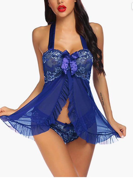 BLUE Babydoll Set Mesh Lingerie Lace Sleepwear Strap Chemise Outfits SIZE 4XL