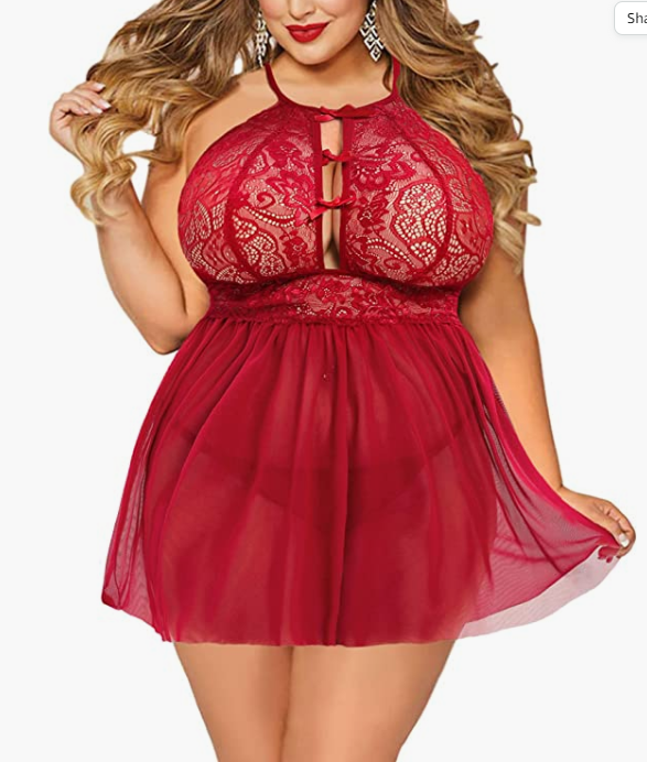 RED  Lace Babydoll Strap Chemise Halter Neck Mesh Sleepwear size 3XL