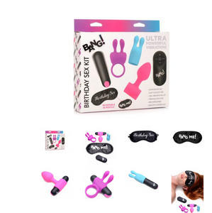 Bang!  Birthday Sex Kit - Cock ring, Butt Plug, Rabbit Ears, Bullet & Blindfold