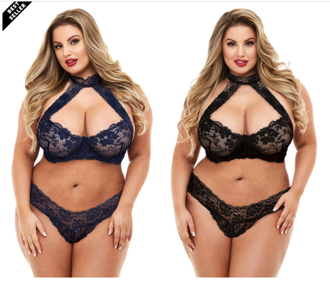 PLUS SIZE LACY HALTER BRA SET Queen size