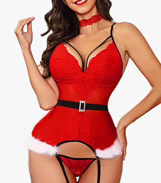 RED Christmas Lingerie for Women Xmas Babydoll Teddy Lingerie with Garter Belts SIZE XXL