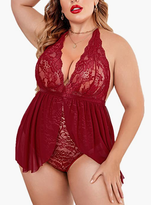 Red Snap Crotch Halter Nighty 24W