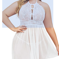 WHITE Plus Size Lingerie for Women Lace Babydoll Strap Chemise Halter Neck Mesh Sleepwear SIZE 16