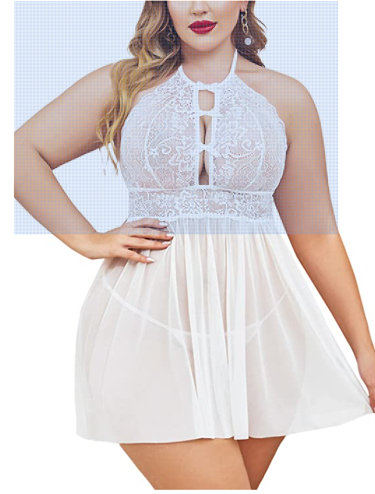 WHITE Plus Size Lingerie for Women Lace Babydoll Strap Chemise Halter Neck Mesh Sleepwear SIZE 16