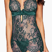 GREEN Naughty with Garter Belts One Piece Lace Sexy Sets Teddy Babydoll Pajama Underwear Bodysuit Lingerie SIZE M