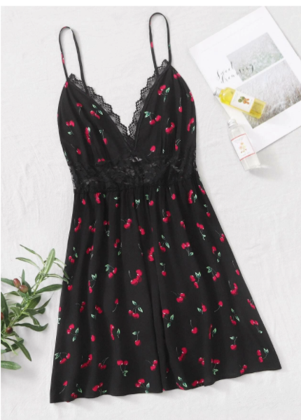 Plus Lace Insert Cherry Print Slip Nightdress size XL