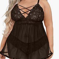 BLACK Plus Size Lingerie Sets, Sexy Open Back Babydoll Strappy Lace Chemise SIZE 5XL