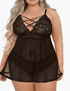 BLACK Plus Size Lingerie Sets, Sexy Open Back Babydoll Strappy Lace Chemise SIZE 5XL