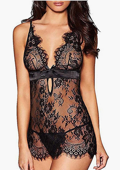 BLACK Women Naughty with Garter Belts One Piece Lace Sexy Sets Teddy Babydoll Pajama Underwear Bodysuit Lingerie SIZE M