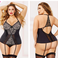 PLUS SIZE BLACK LASER CUT AND MESH BUSTIER SET 3X/4XL