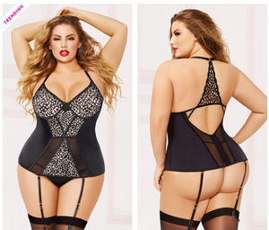 PLUS SIZE BLACK LASER CUT AND MESH BUSTIER SET 3X/4XL