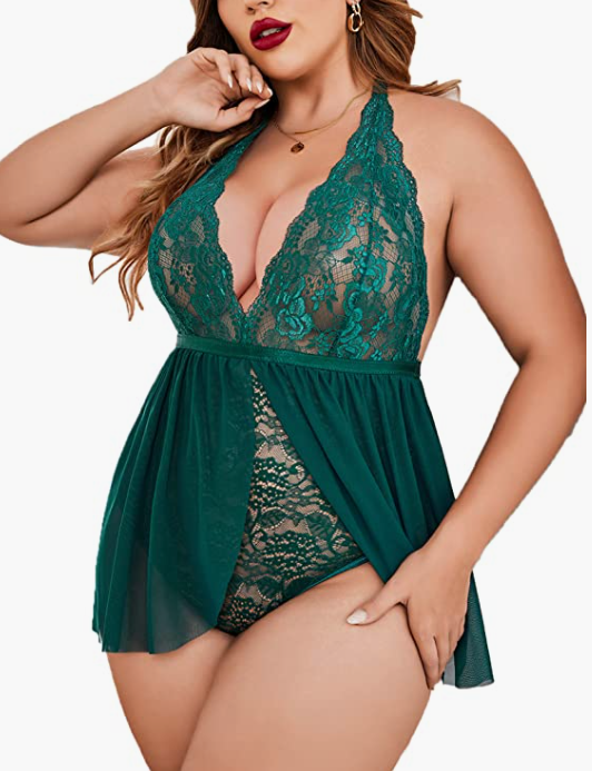 GREEN Lingerie Snap Crotch Sexy Lace Sleepwear Halter Plunging Mesh Nighty 24W