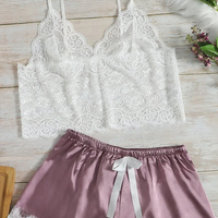 Pink Guipure Lace Scallop Trim Camisole & Satin Shorts Night Set size s