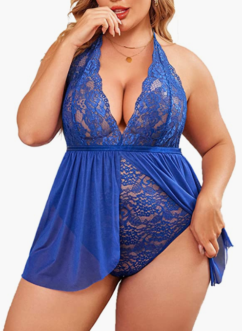 BLUE Babydoll Womens Lingerie Snap Crotch Sexy Lace Sleepwear Halter Plunging Mesh Nighty 22W