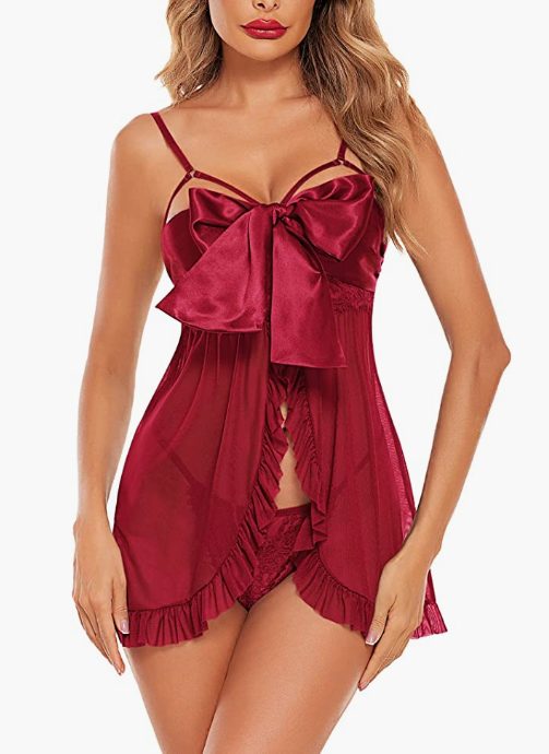 RED Babydoll Set Mesh Lingerie Lace Sleepwear Strap Chemise Outfits LARGE