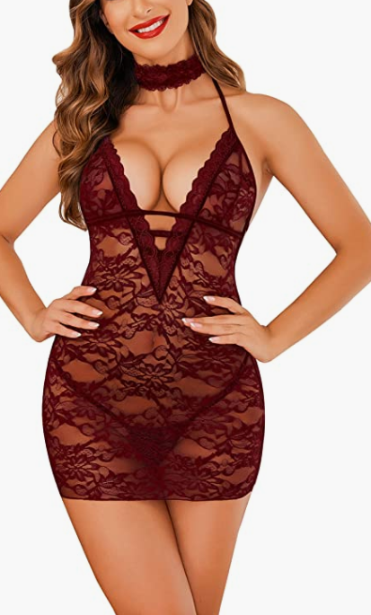 BURGUNDY Babydoll Lingerie Lace Chemise Halter Nightwear Teddy Dress SIZE MED