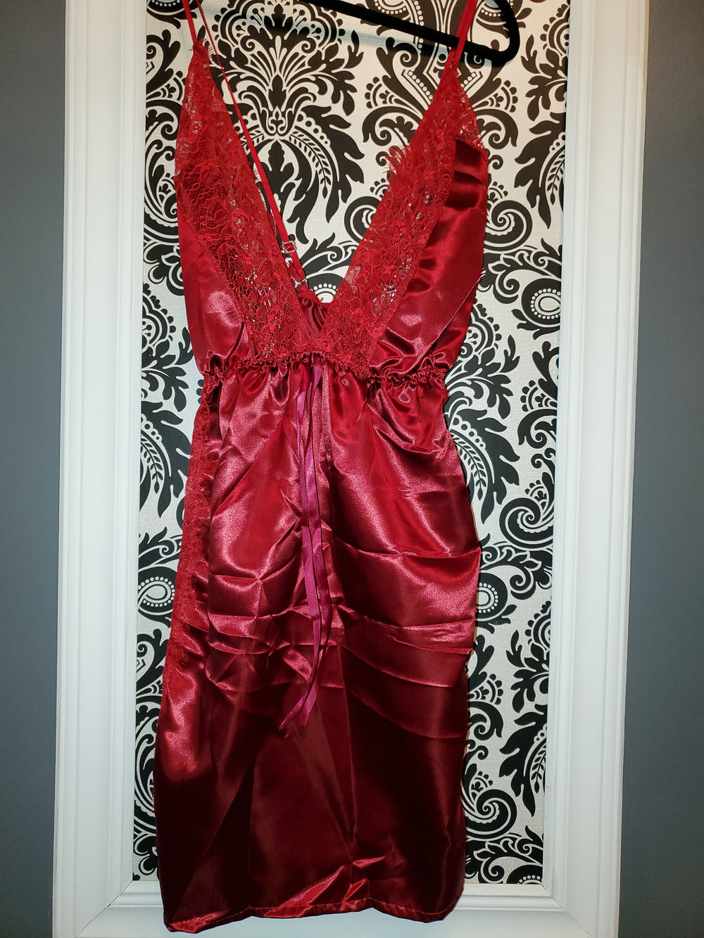 Red Satin With Eyelash Lace Trim Babydoll in 3XL