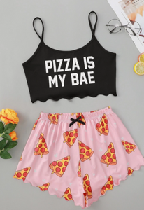 Pizza And Slogan Graphic Scallop Trim Cami Pajama Set Size M