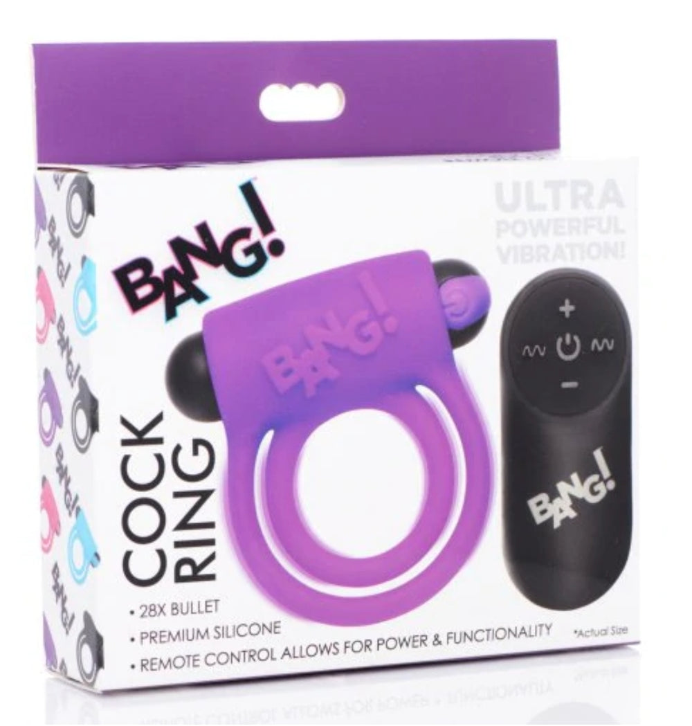 Bang! Rechargeable Silicone Cock Ring and Bullet with Remote Control Purple