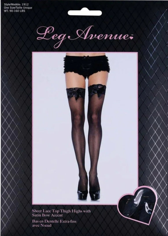 Sheer Thigh High Stockings with Satin Bow Black OS