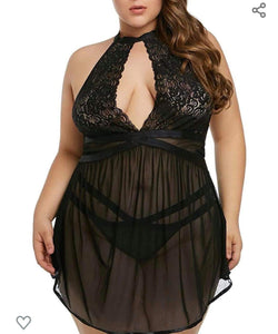 Deep V Neck Lace Chemise in Black 5XL